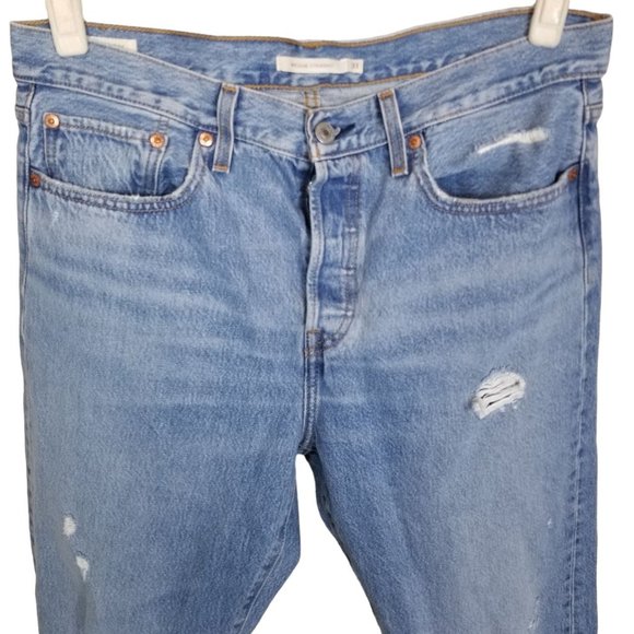 Levi's Womens 31 Blue Medium Wash Denim Distressed Wedgie Fit Straight Jeans - Picture 3 of 11